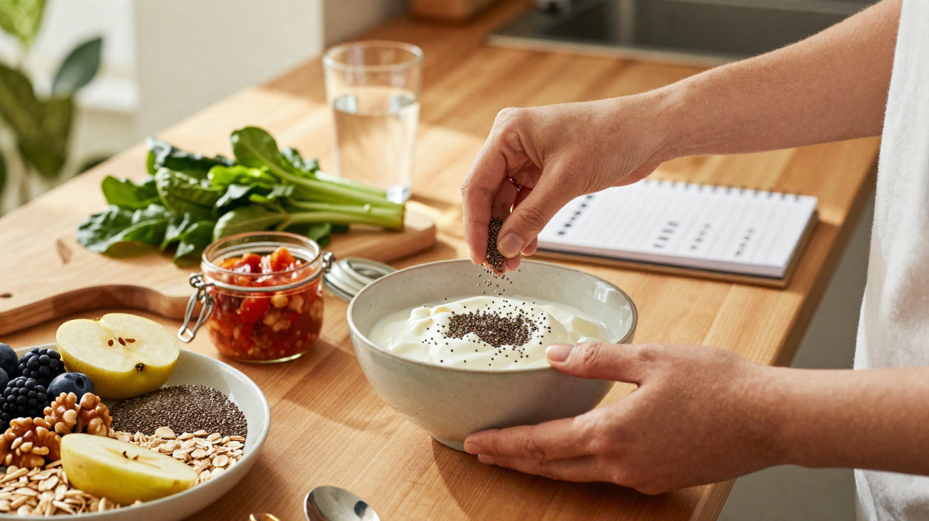 Hands sprinkling chia seeds onto a bowl of yoghurt with fruit, nuts, and greens on a wooden kitchen table.