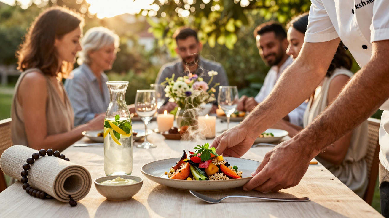A group of people dining outdoors while a waiter serves a steaming, colourful vegetable dish on a wooden table.