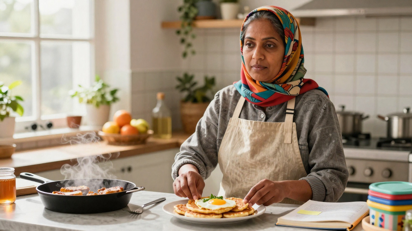 Middle-aged woman wearing a colourful headscarf and apron preparing pancakes with a fried egg in a bright kitchen.