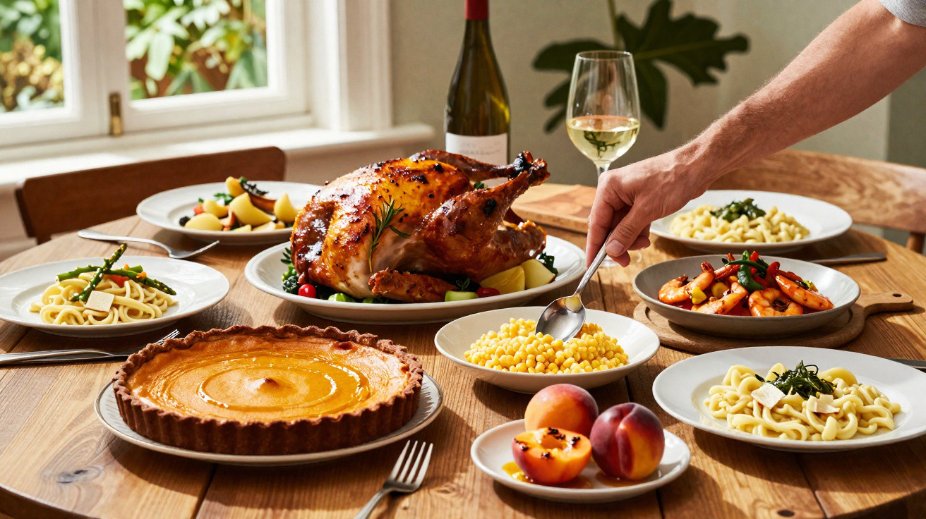 Table set with roast turkey, pumpkin pie, pasta dishes, fruit, and a glass of white wine with a person serving food.
