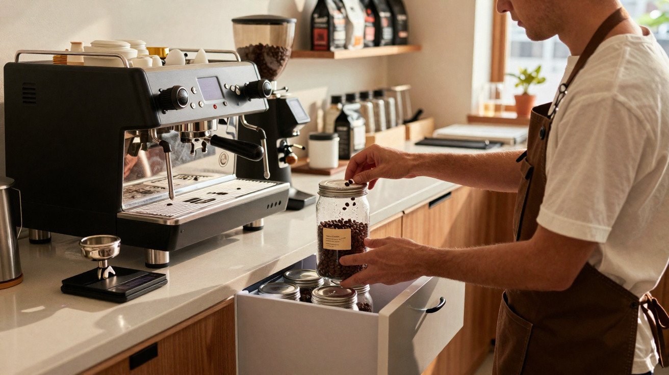 Barista placing a jar of coffee beans into a kitchen drawer beside a coffee machine on the counter.