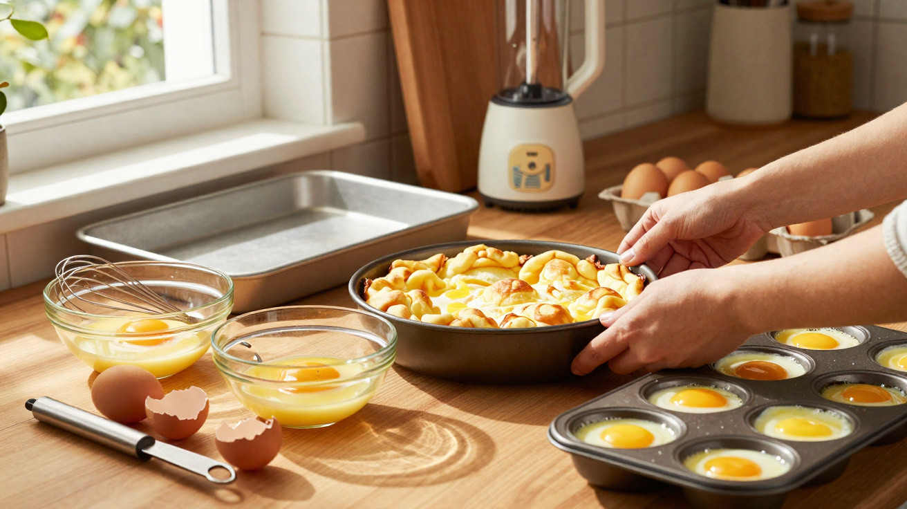 Hands holding a freshly baked egg dish on a kitchen counter with eggs, bowls, and a muffin tray of raw eggs.