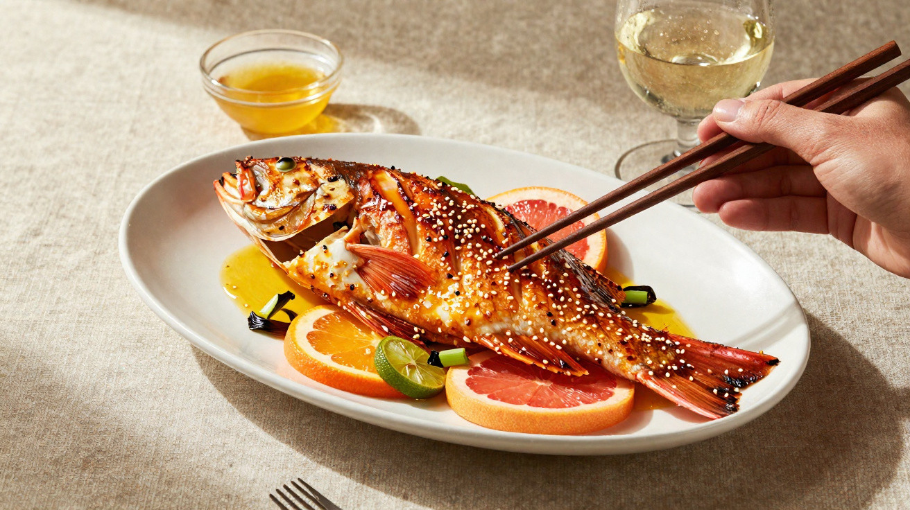 Whole grilled fish garnished with sesame seeds and citrus slices on a white plate with chopsticks and white wine.