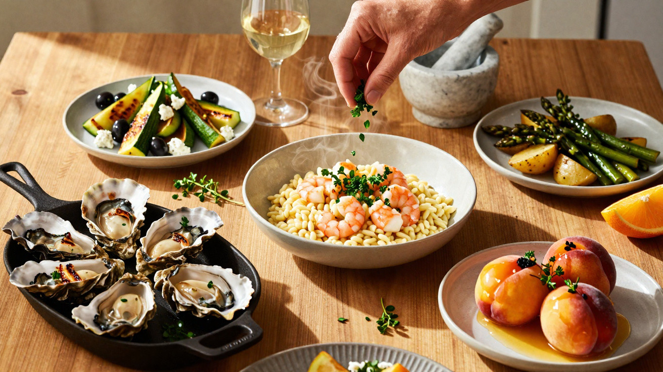 Hand sprinkling herbs over a shrimp pasta bowl surrounded by oysters, roasted vegetables, and peaches on a wooden table.