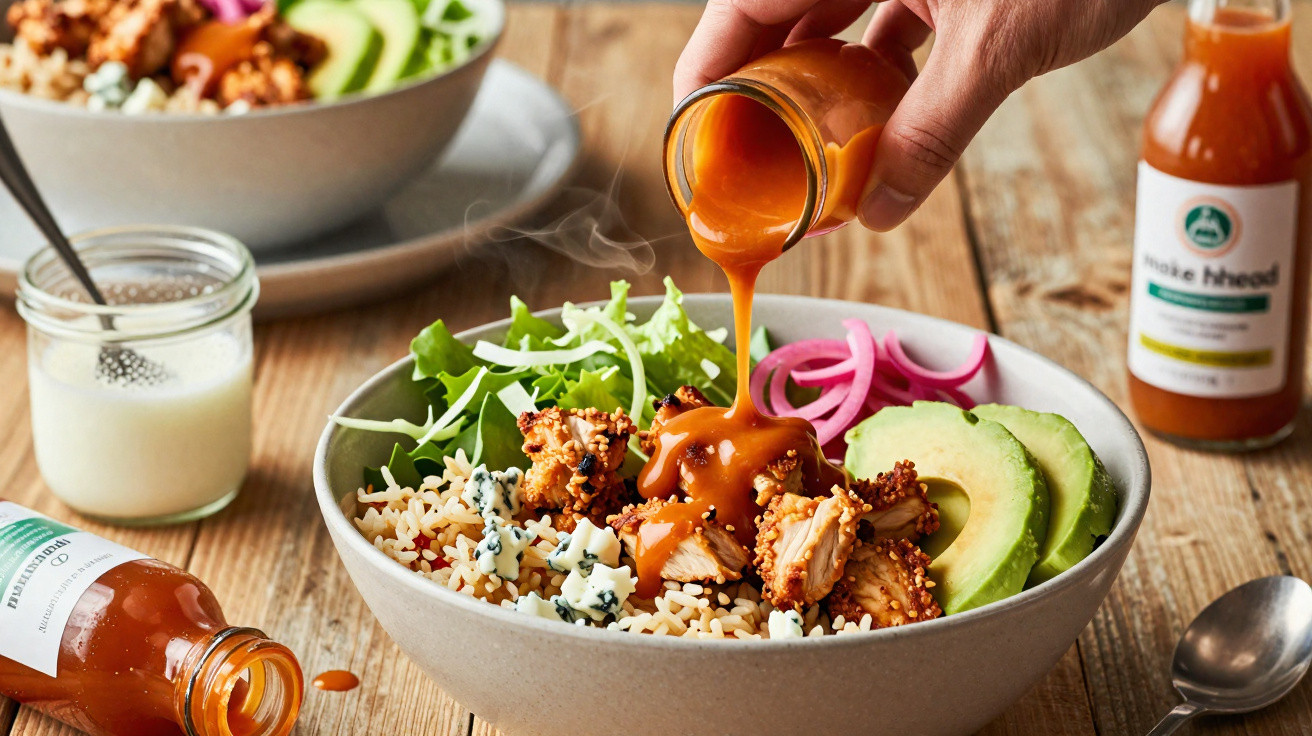 Hand pouring hot sauce over a prepared bowl with rice, chicken, avocado, cheese, and pickled onions on a wooden table.