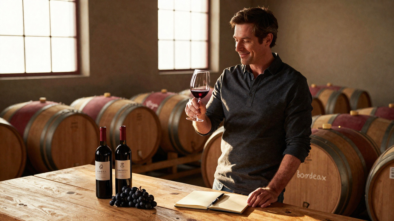 Man tasting red wine in a winery with barrels, bottles, grapes, and a notebook on a wooden table nearby.