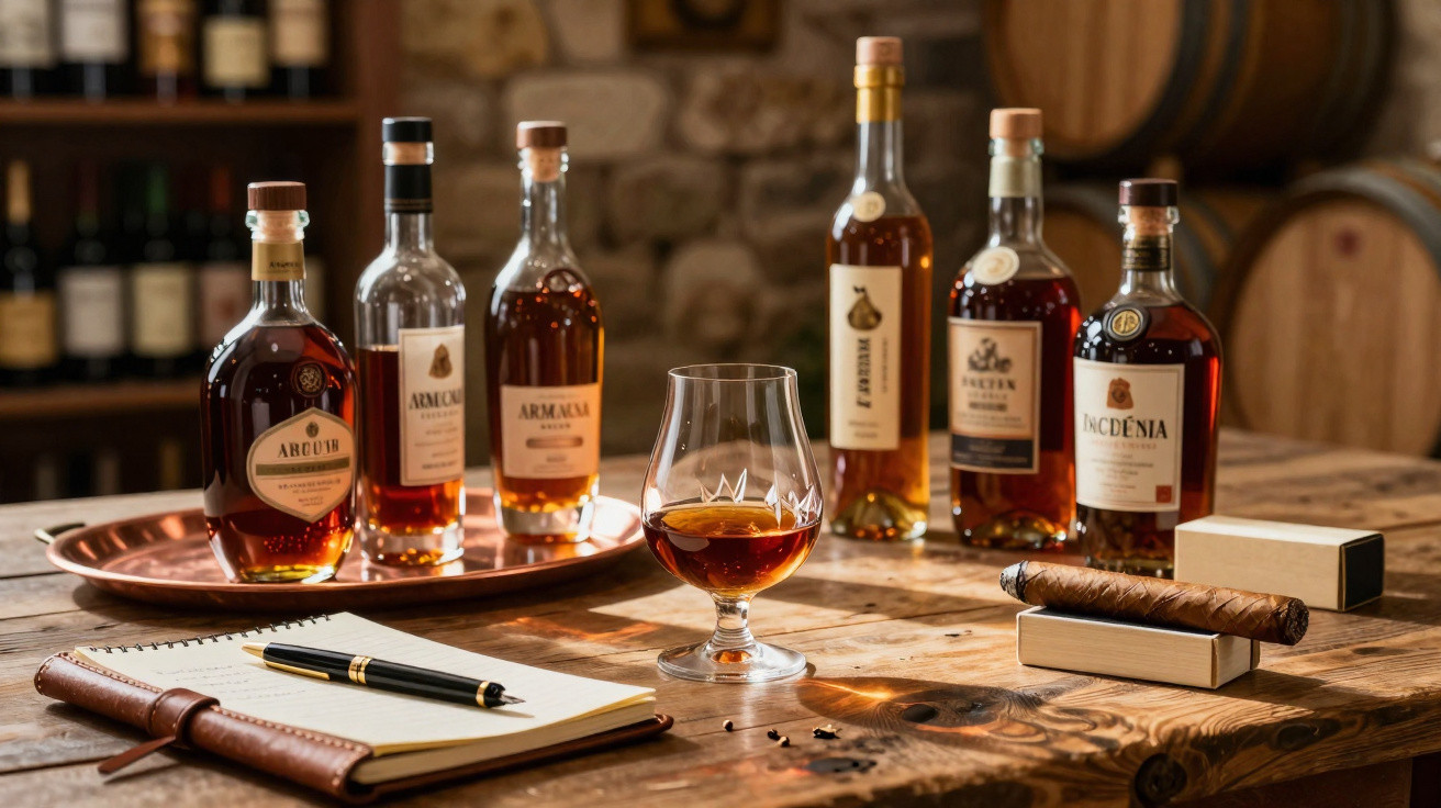 Selection of seven whisky bottles, a filled glass, cigar, notebook, and pen on a wooden table with barrels in background.
