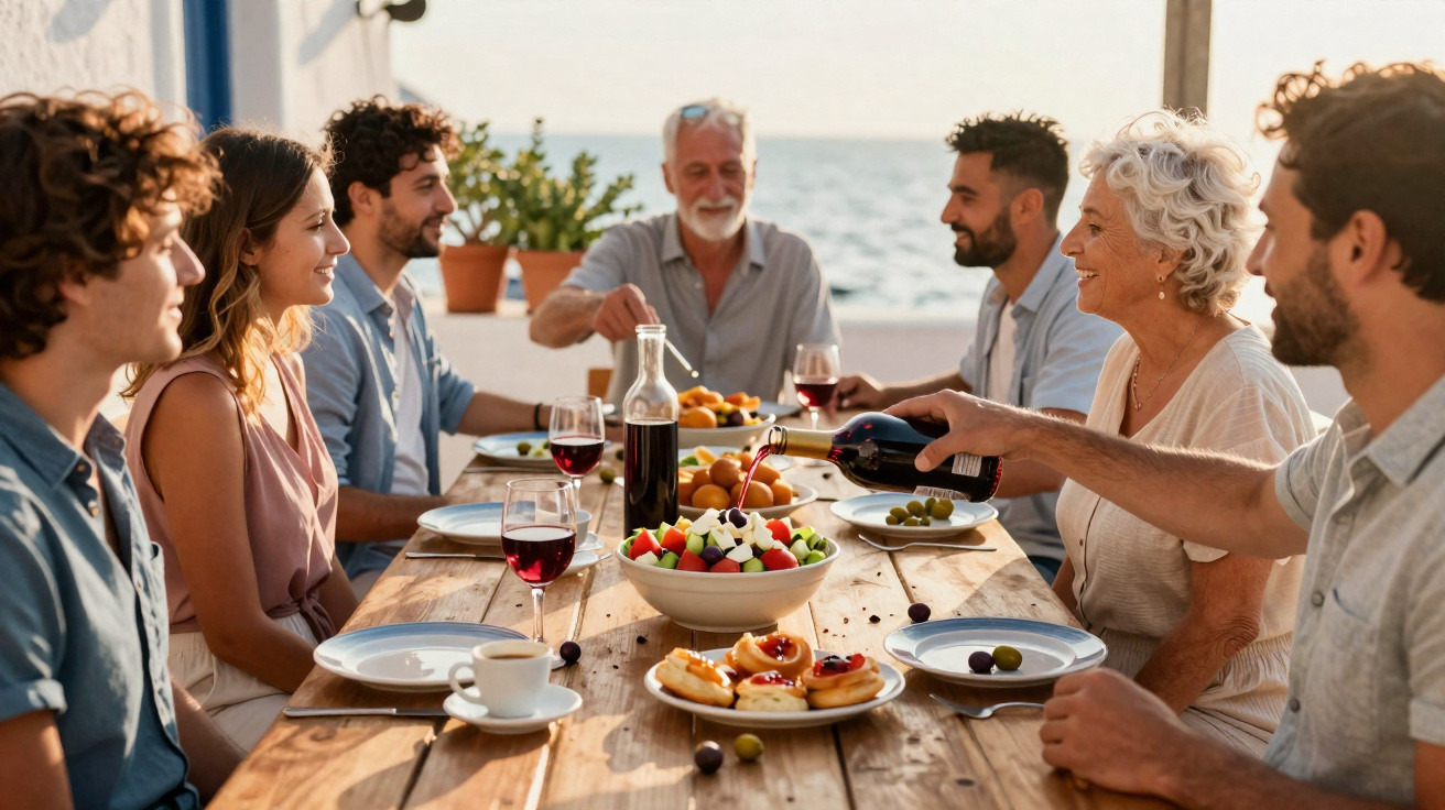 Multigenerational family enjoying an outdoor meal with wine and fruit by the sea at sunset.