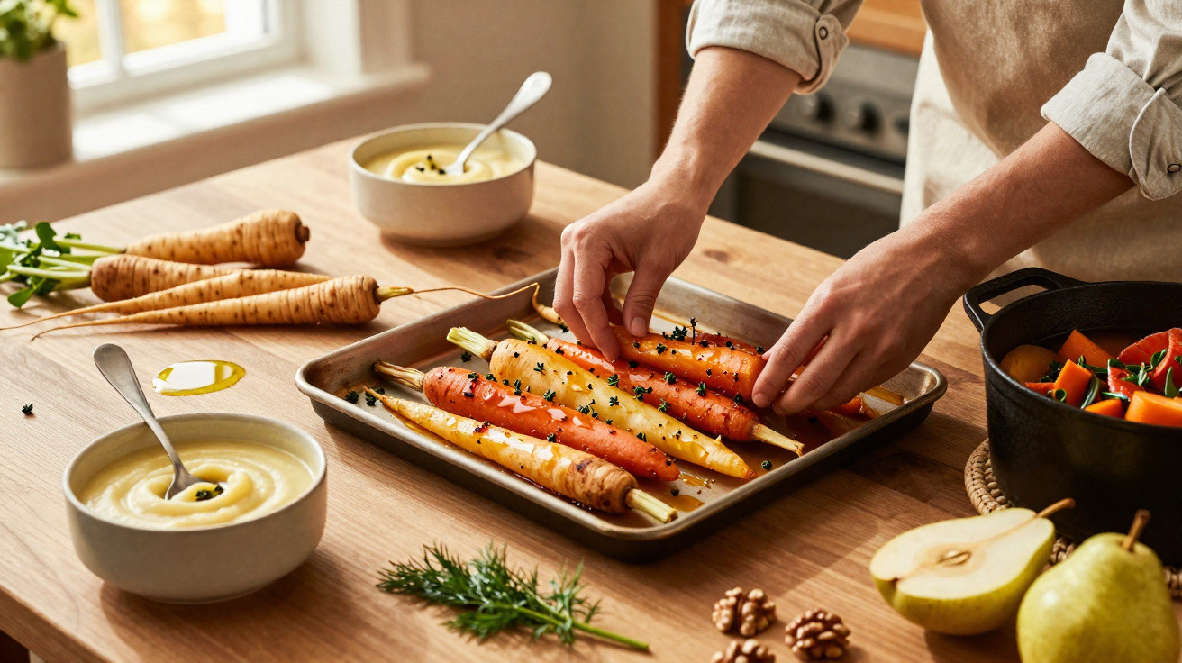 Hands arranging fresh carrots with herbs on a baking tray beside creamy soup and autumn fruits on a wooden table.