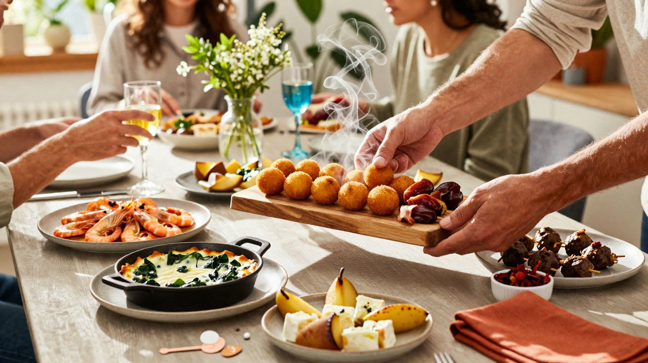 People sharing a meal with various dishes including prawns, baked spinach, cheese with pears, and croquettes on a wooden boar