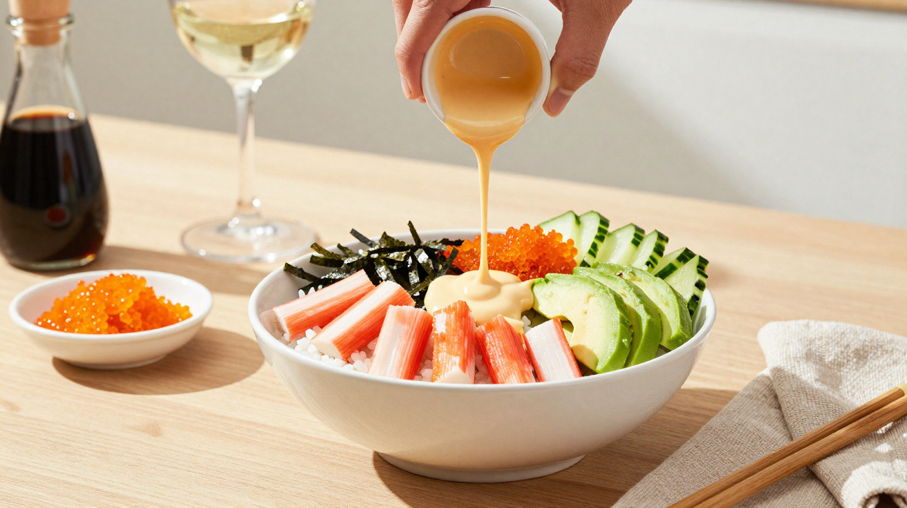 Hand pouring creamy sauce over crab sticks, avocado, cucumber, seaweed, and rice in a bowl on a wooden table.