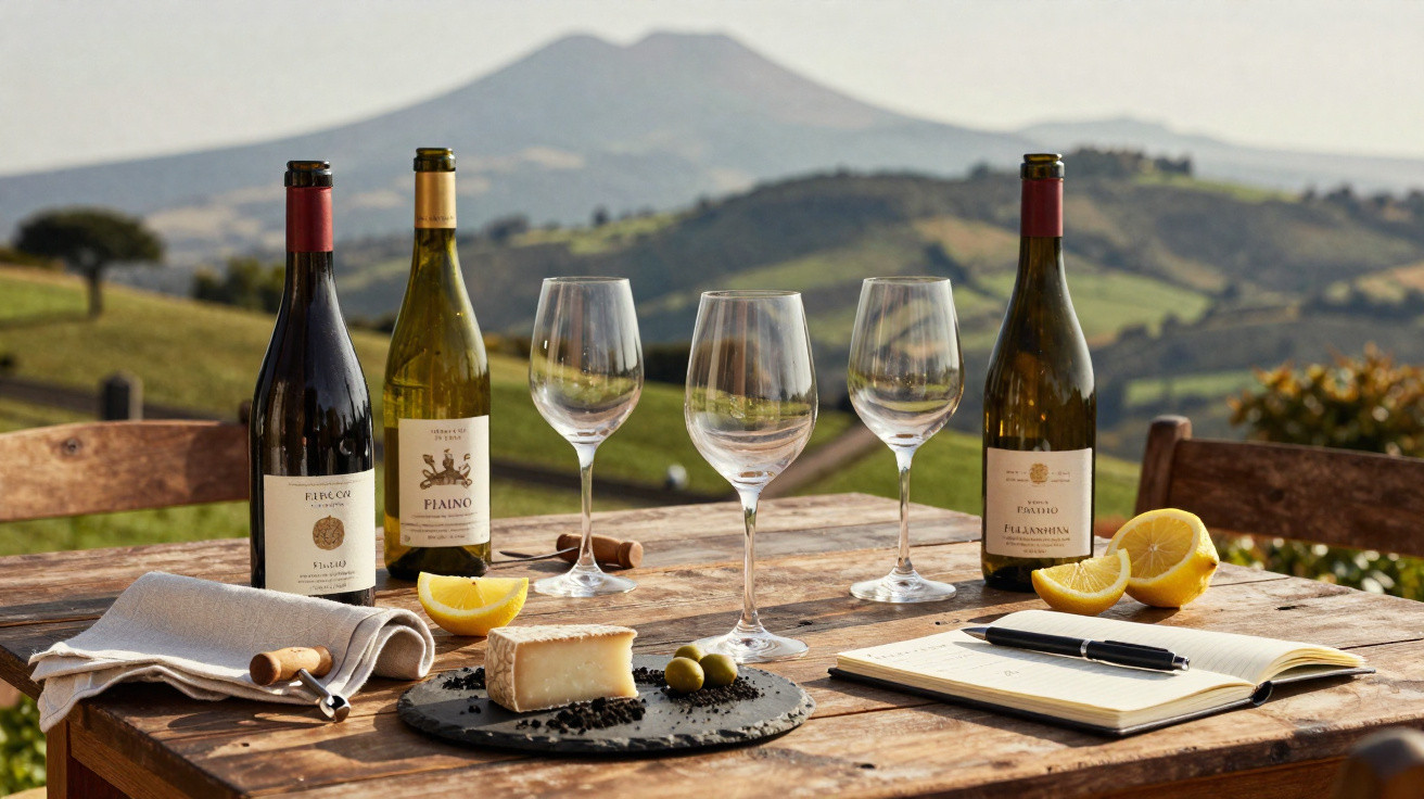 Three wine bottles, three empty glasses, cheese, olives, lemon wedges, and a notebook on a wooden table with hills in the bac