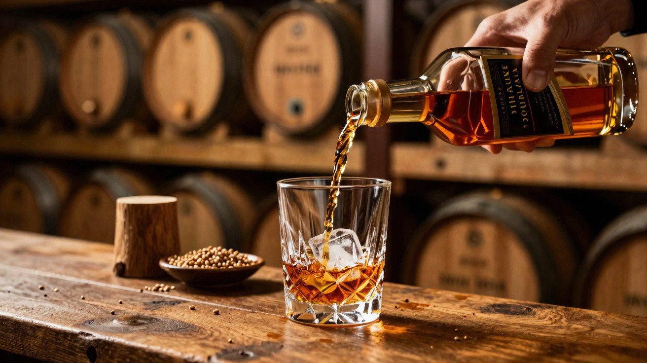 Whisky being poured from a bottle into a glass with ice on a wooden bar, whisky barrels in the background.