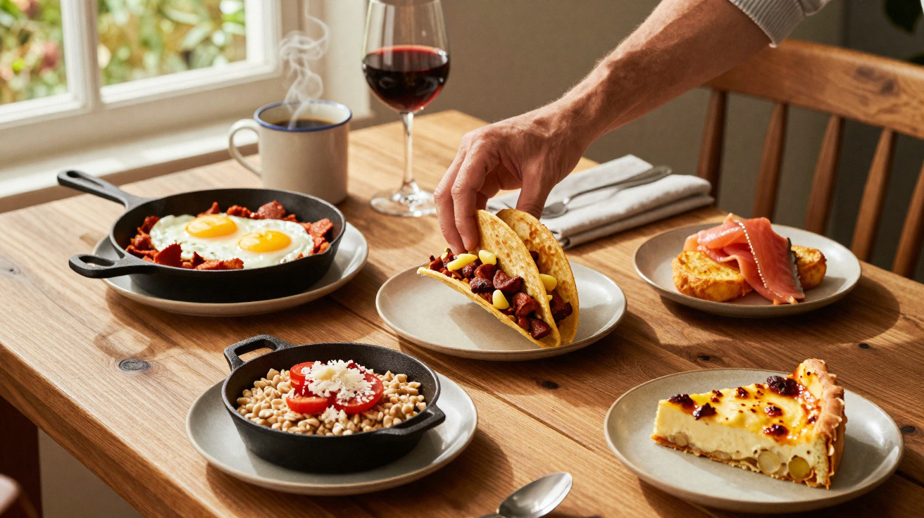 Hand reaching for a taco on a wooden table with breakfast dishes, coffee, and red wine.