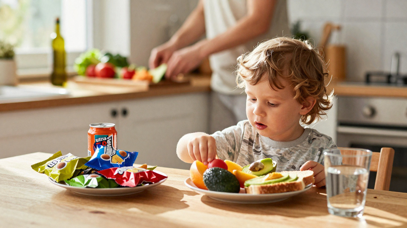 Young child eating fruit and toast at a kitchen table, with snacks and a glass of water nearby.