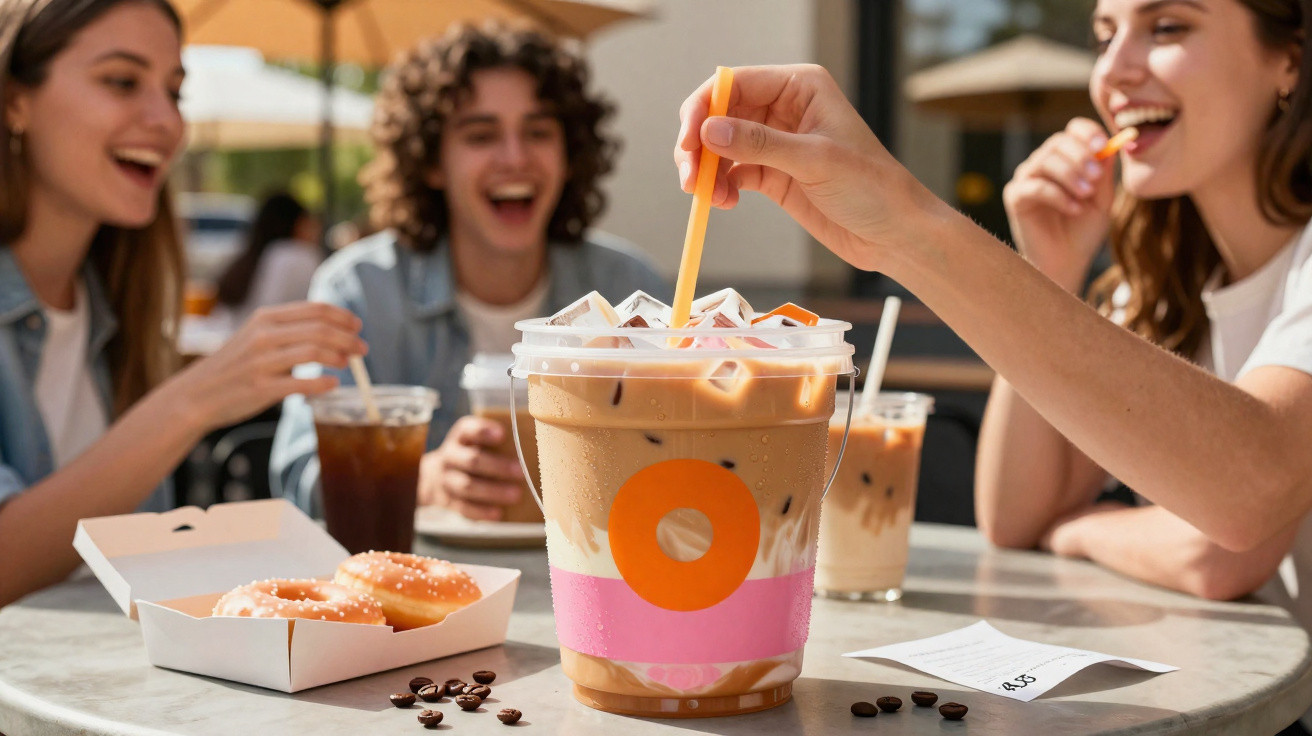 Group of friends enjoying iced coffee and donuts outdoors on a sunny day at a cafe table.