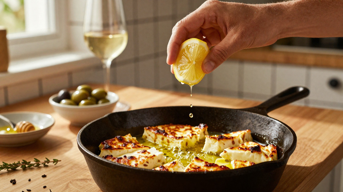 Hand squeezing lemon over a cast iron pan with golden fried halloumi on a wooden kitchen countertop.