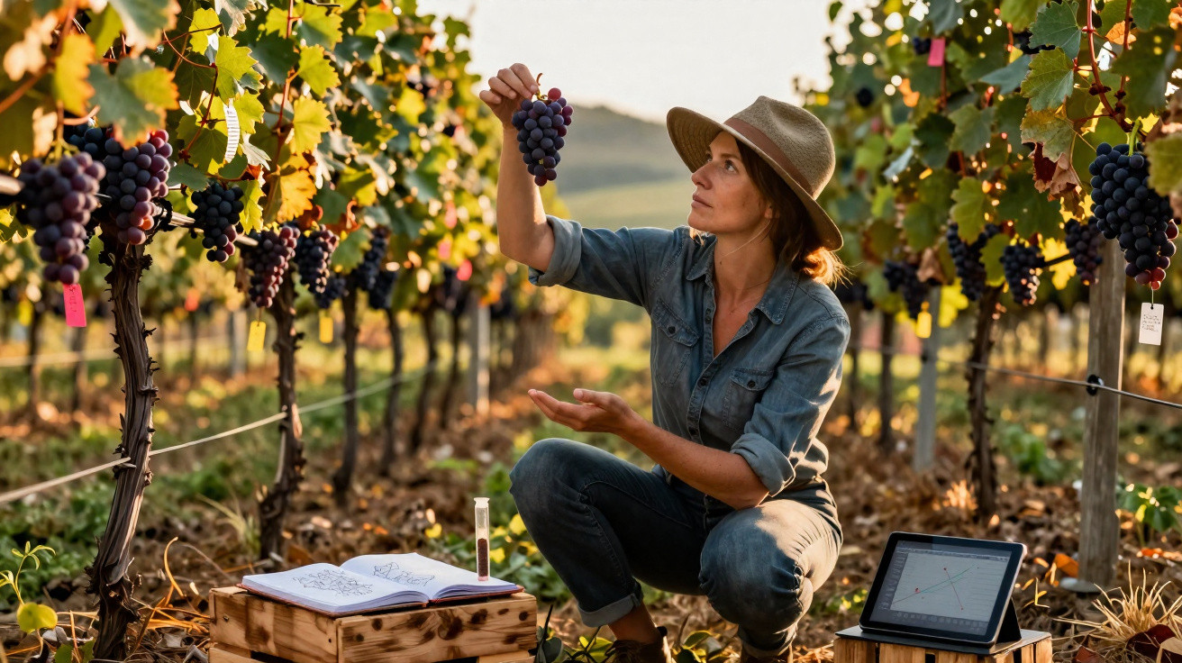Woman in a hat examining grapes in vineyard with open notebook and tablet on wooden crates at sunset.