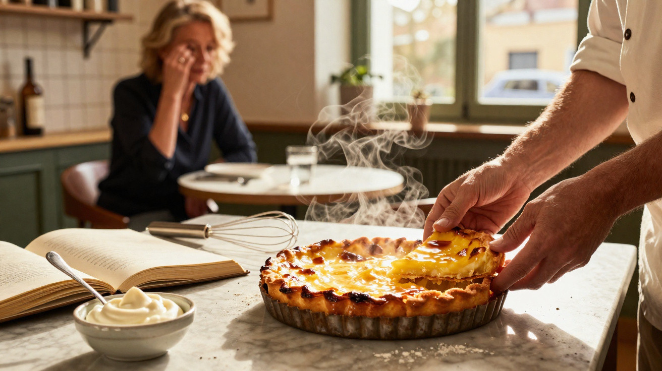 Person serving a steaming slice of golden cheese tart on a kitchen counter with a woman in the background.