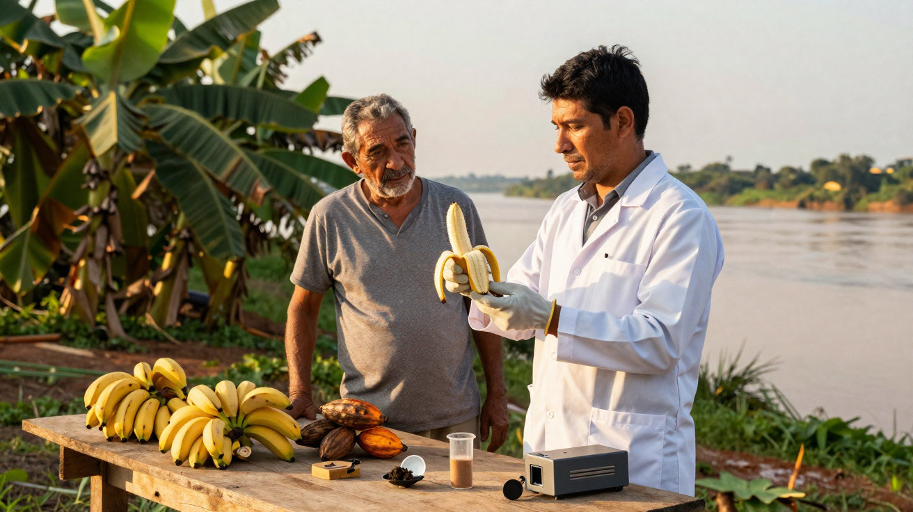 Scientist in white coat examining a peeled banana next to a farmer by a river with banana plants nearby.