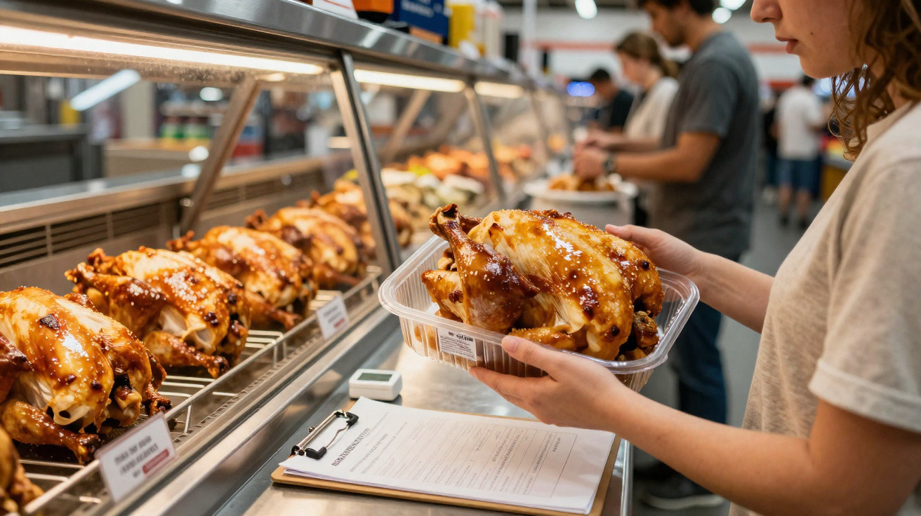 Person holding a packaged roast chicken in a supermarket deli with rows of chickens on display.
