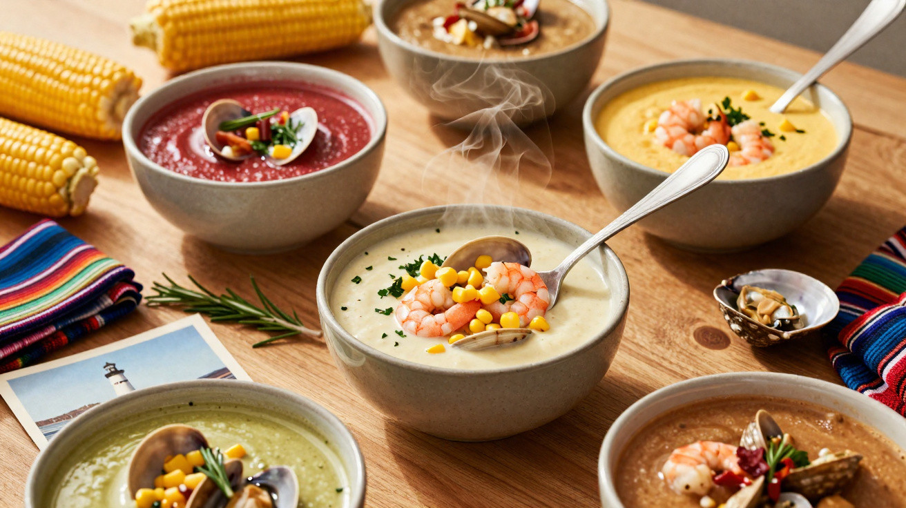 Assorted colourful seafood soups in bowls on a wooden table with corn and vibrant napkins nearby