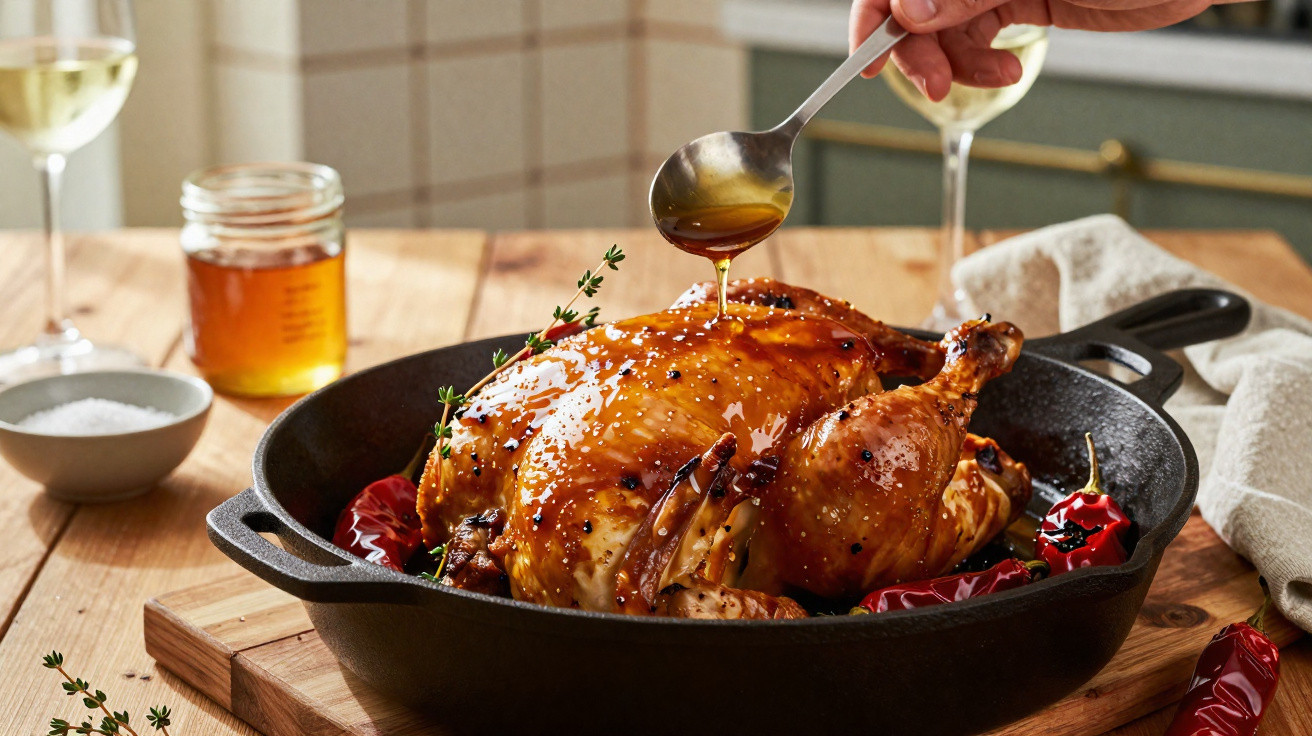 Honey being drizzled over a glazed roast chicken in a cast iron pan with red chillies and thyme on a wooden board.