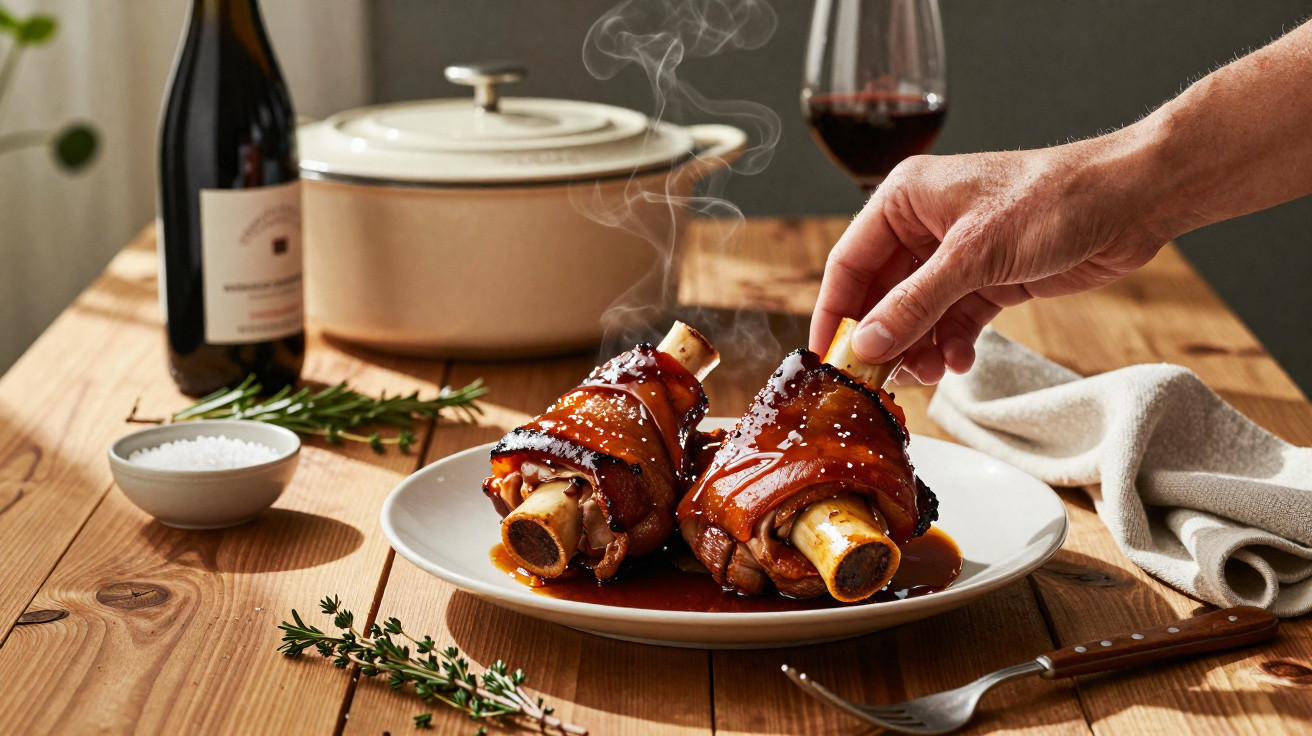 Hand reaching for steaming glazed pork knuckle on a white plate with herbs, salt, wine, and cooking pot nearby on wooden tabl