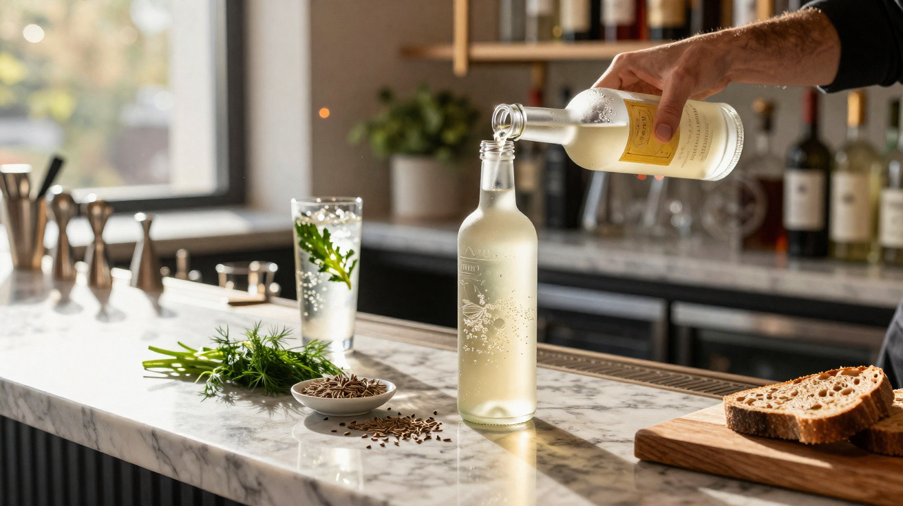 Hand pouring tonic water into a glass bottle on a marble bar counter with herbs and sliced bread nearby.