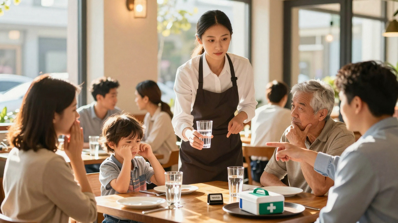 Waitress serving water to a family at a restaurant while a child holds their ears and a first aid kit is on the table.