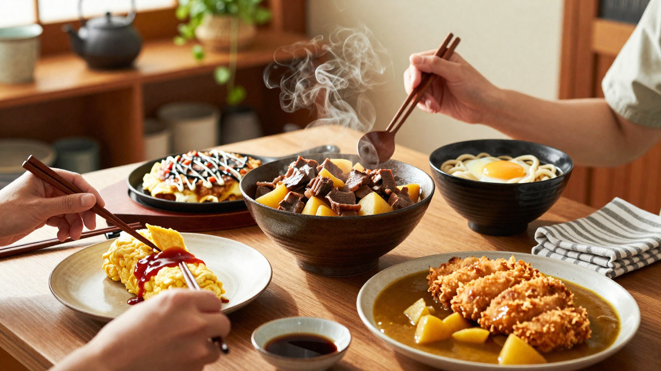 Two people using chopsticks to eat a variety of Japanese dishes on a wooden table indoors.