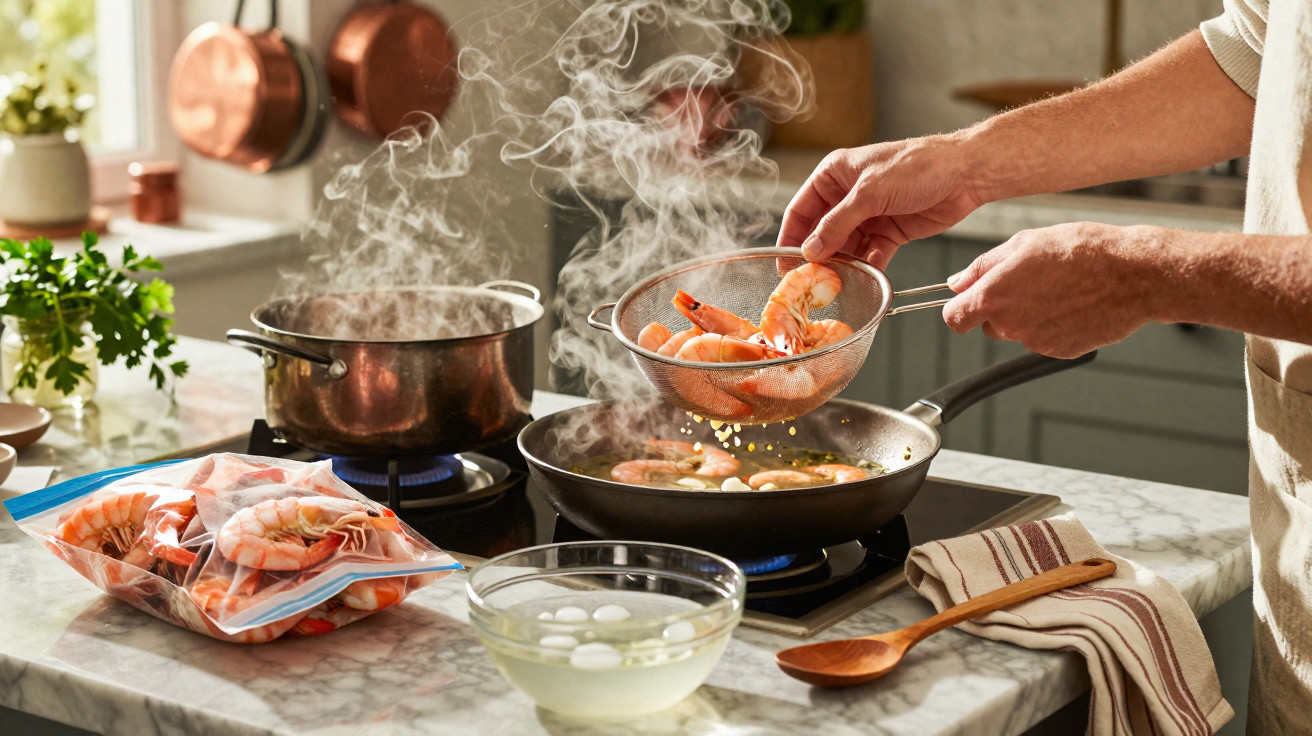Hands cooking shrimp in a frying pan on a gas stove with steam rising in a bright kitchen.