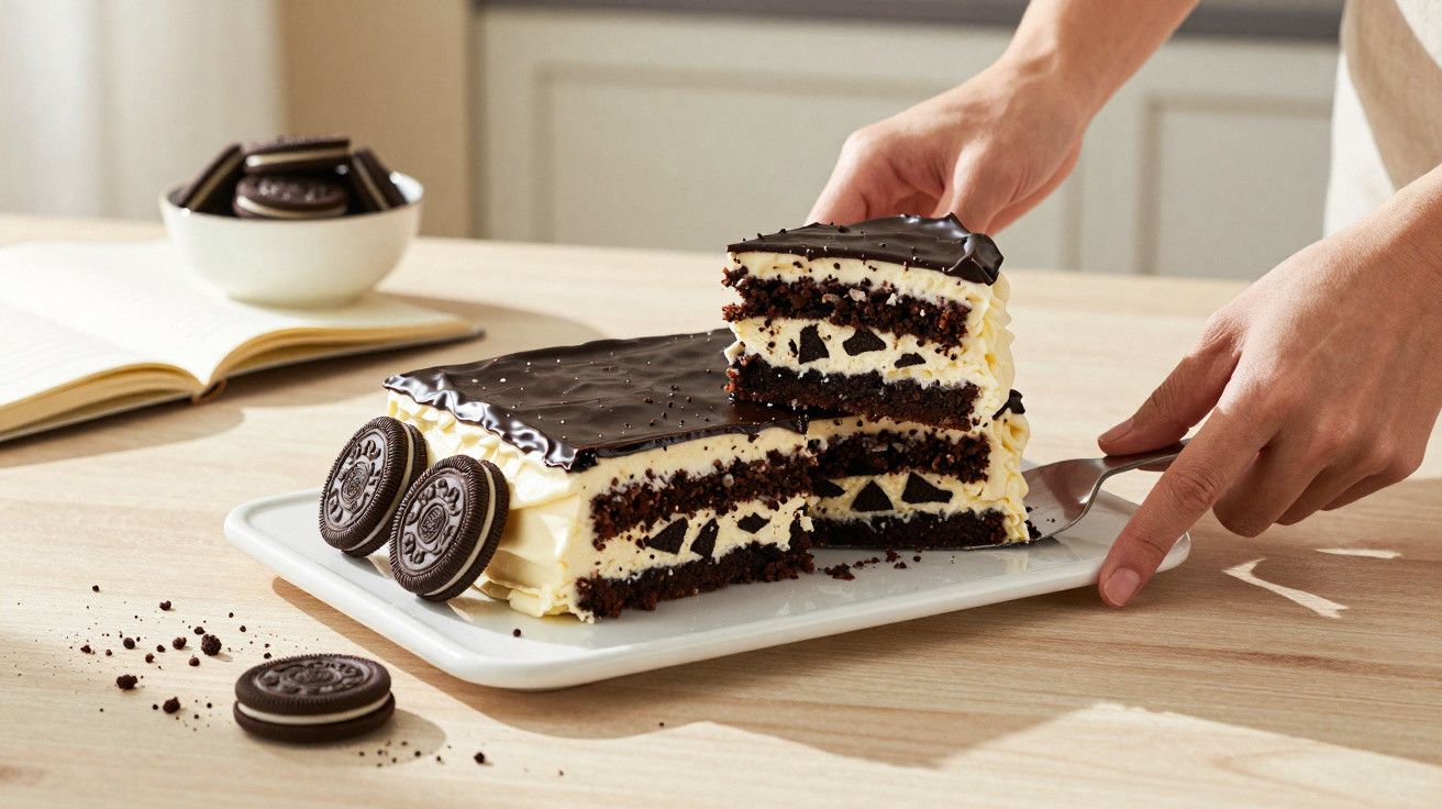 Hands slicing a chocolate and cream sandwich cake decorated with chocolate biscuits on a white plate.
