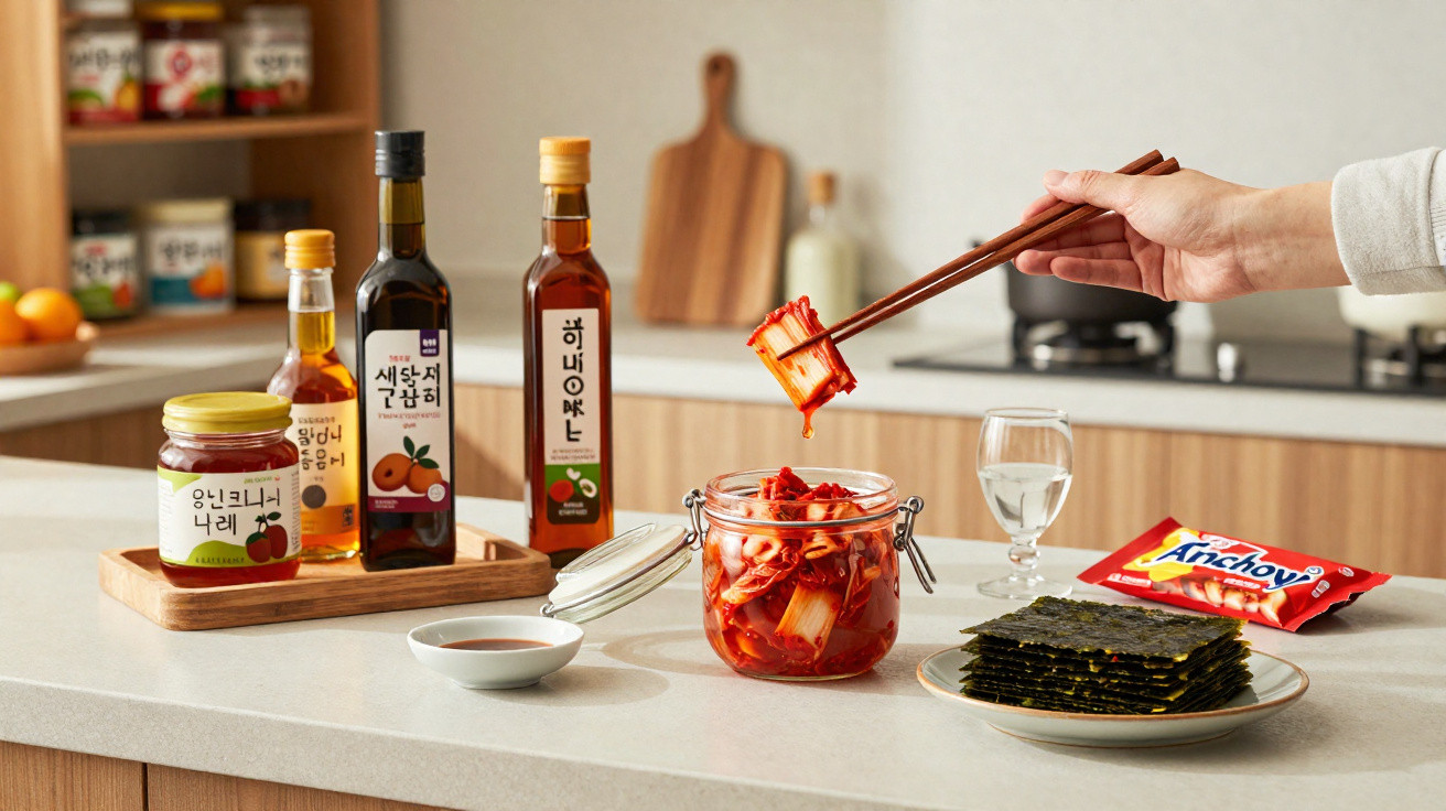 Hand using chopsticks to pick up kimchi from a glass jar on a kitchen counter with condiments and seaweed nearby.