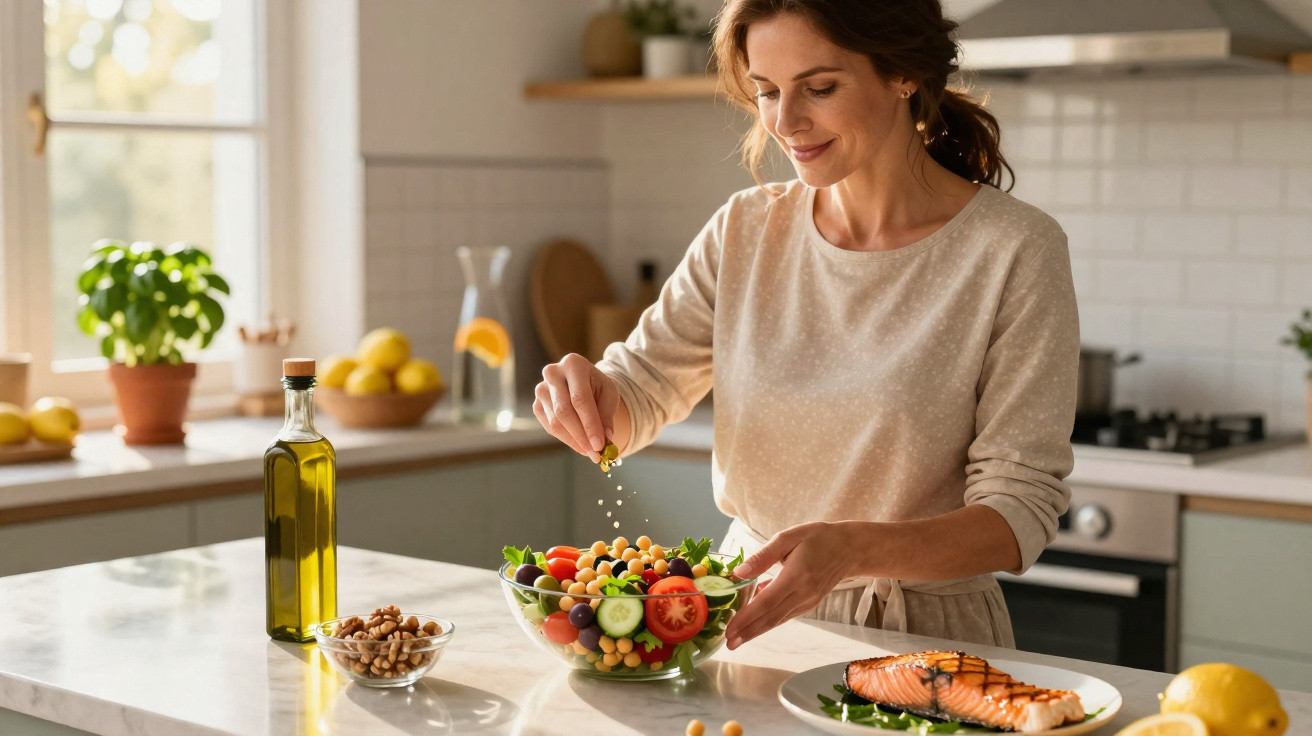 Woman sprinkling seeds on a fresh vegetable salad in a bright, modern kitchen with salmon on the side.