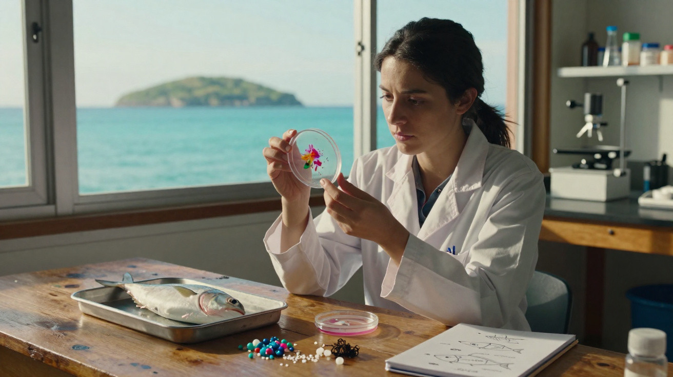 Scientist in a white coat examining a petri dish with colorful samples, fish and notes on a wooden table by the sea.