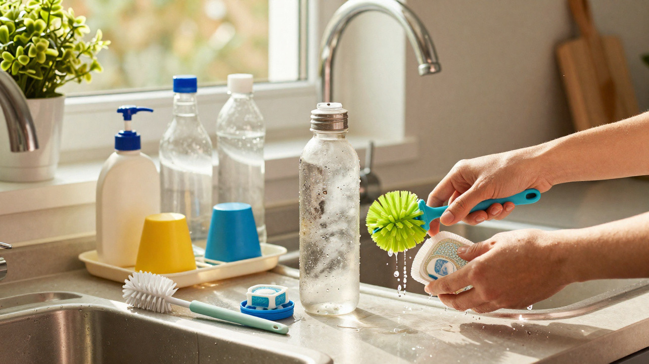 Person washing a clear water bottle with a spiky cleaning brush in a kitchen sink.