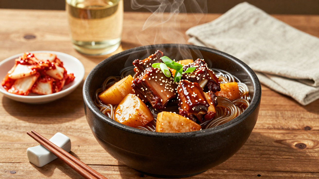 Steaming bowl of Korean braised short ribs with radish, glass of tea, kimchi, chopsticks and napkin on wooden table.