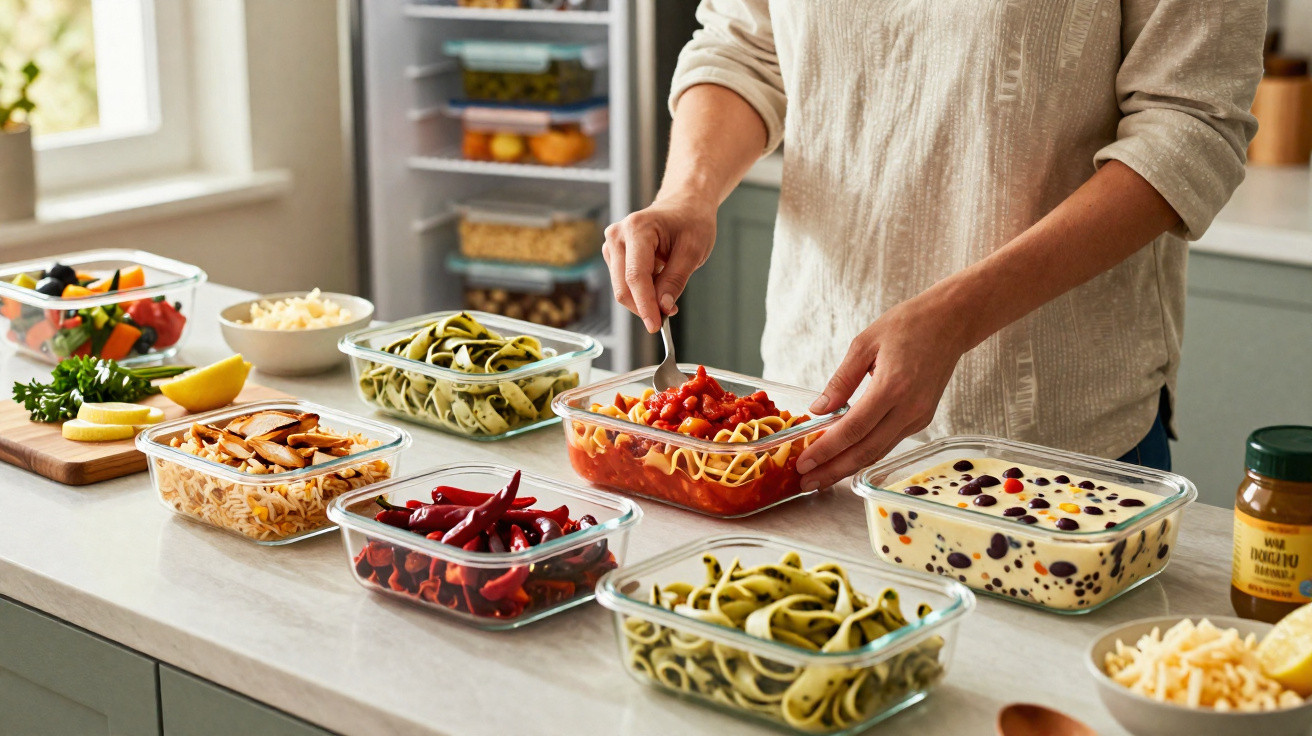 Person serving pasta with tomato sauce from one of several glass containers filled with various fresh ingredients on a kitche