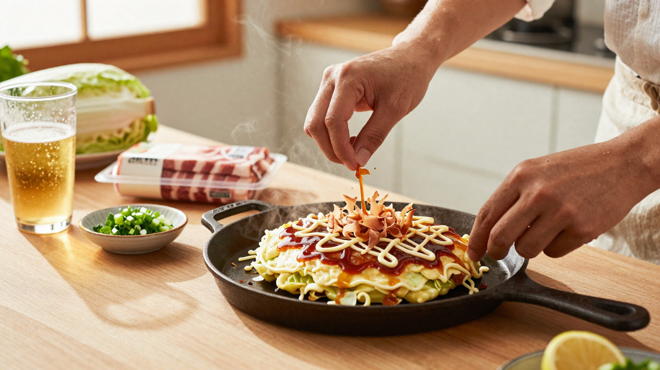 Hands garnishing a steaming okonomiyaki pancake topped with sauces and mayonnaise in a cast-iron skillet.