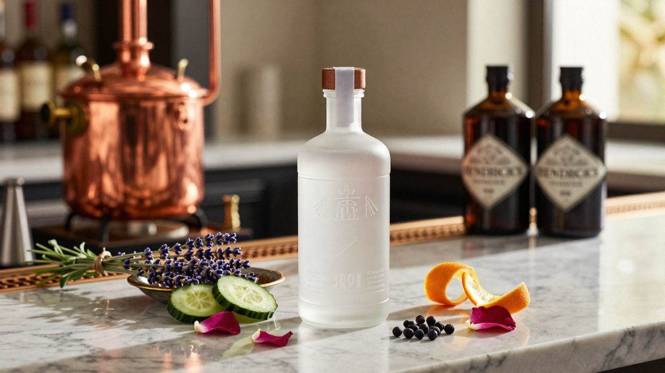 White frosted bottle with cucumber, lavender, orange peel, and juniper berries on marble bar counter.