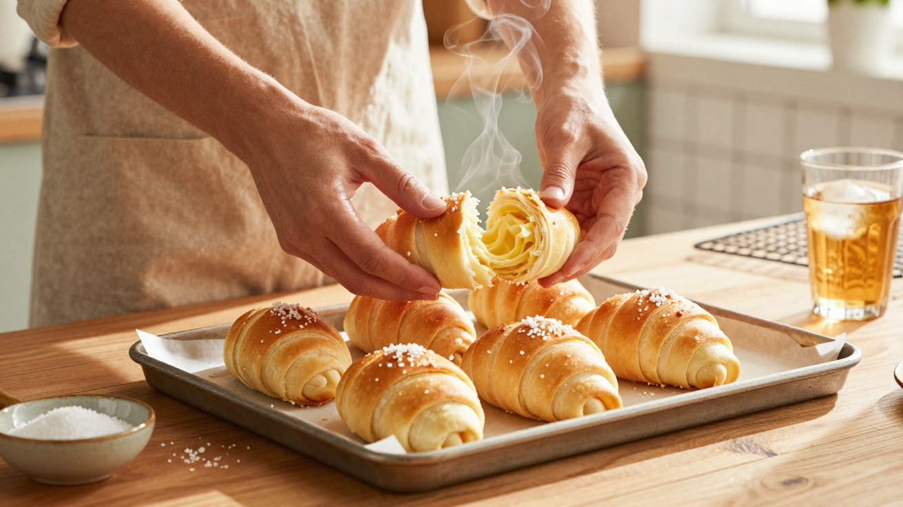 Hands breaking open a steaming hot croissant on a tray with several croissants sprinkled with sugar.