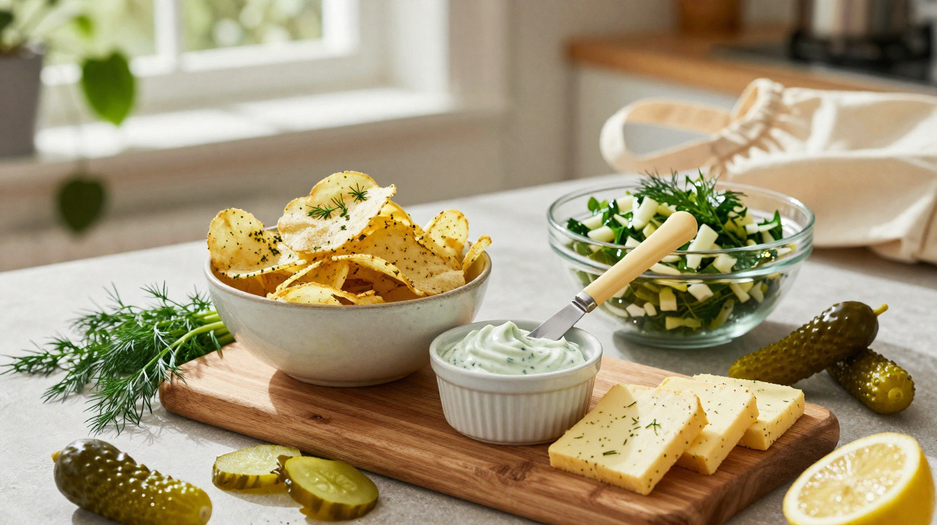 Assorted snacks on wooden board including potato chips, sliced cheese, dill dip, and pickles with salad in the background.