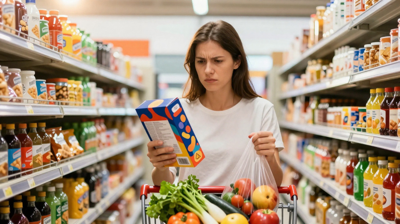 Woman reading food packaging in a supermarket aisle with a trolley filled with fresh vegetables and fruits.