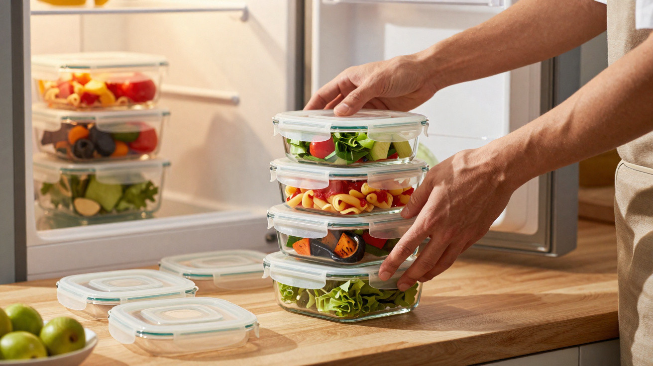 Person stacking clear plastic containers with fresh salad and pasta near an open fridge on a kitchen counter.