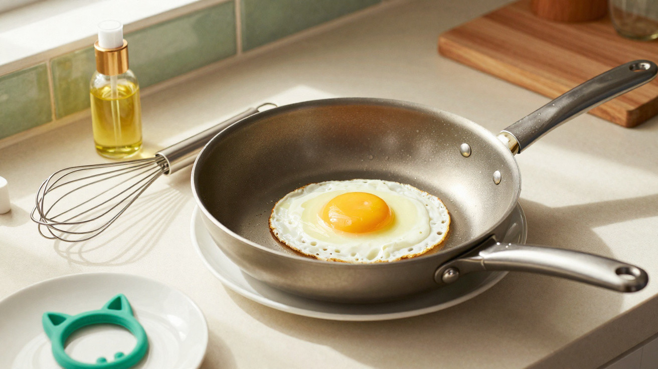 Fried egg cooking in a frying pan on a kitchen countertop with a whisk and oil bottle nearby.