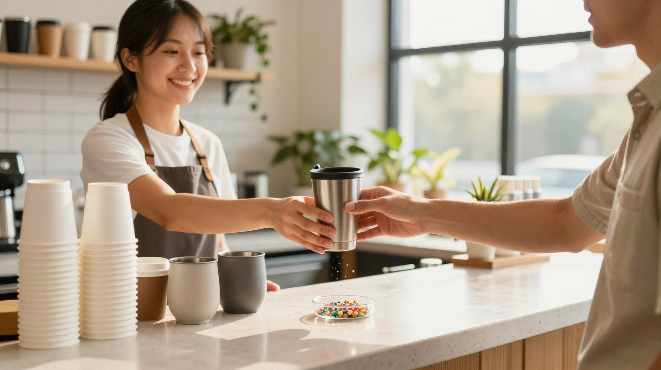 Barista handing a takeaway coffee cup to a customer over a café counter with cups and plants in the background.
