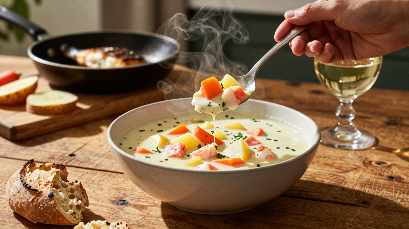 Steaming bowl of creamy seafood chowder with vegetables, bread, and a glass of white wine on a wooden table.