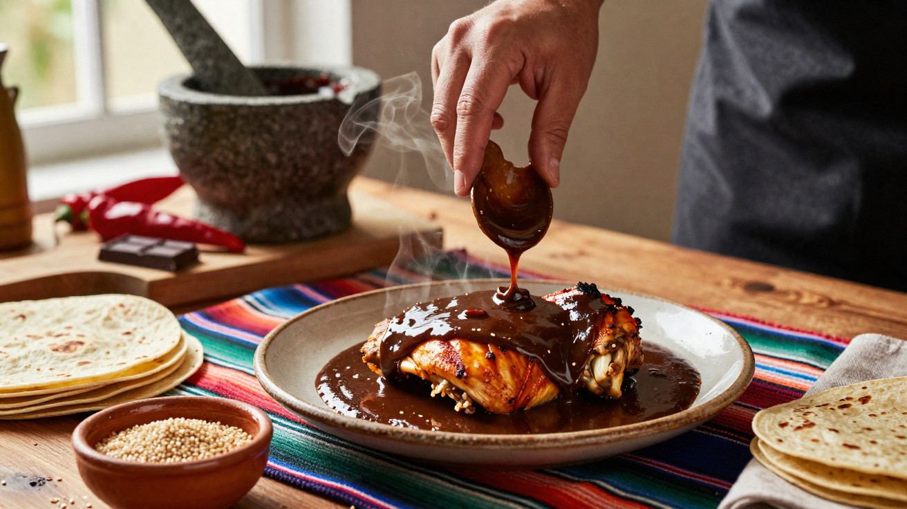 Hand pouring rich mole sauce over cooked chicken on a plate, with tortillas and spices on the table.