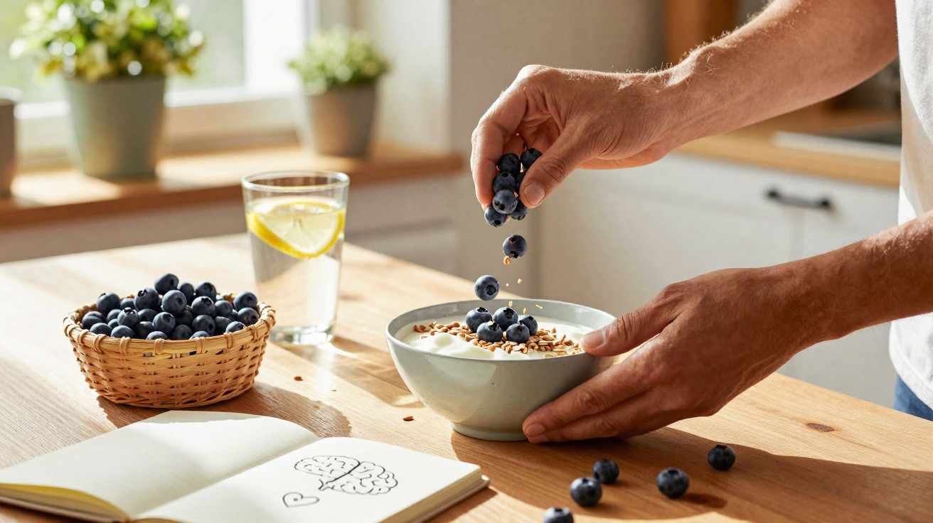 Person sprinkling blueberries and seeds onto a bowl of yoghurt on a wooden kitchen table with a glass of lemon water nearby.